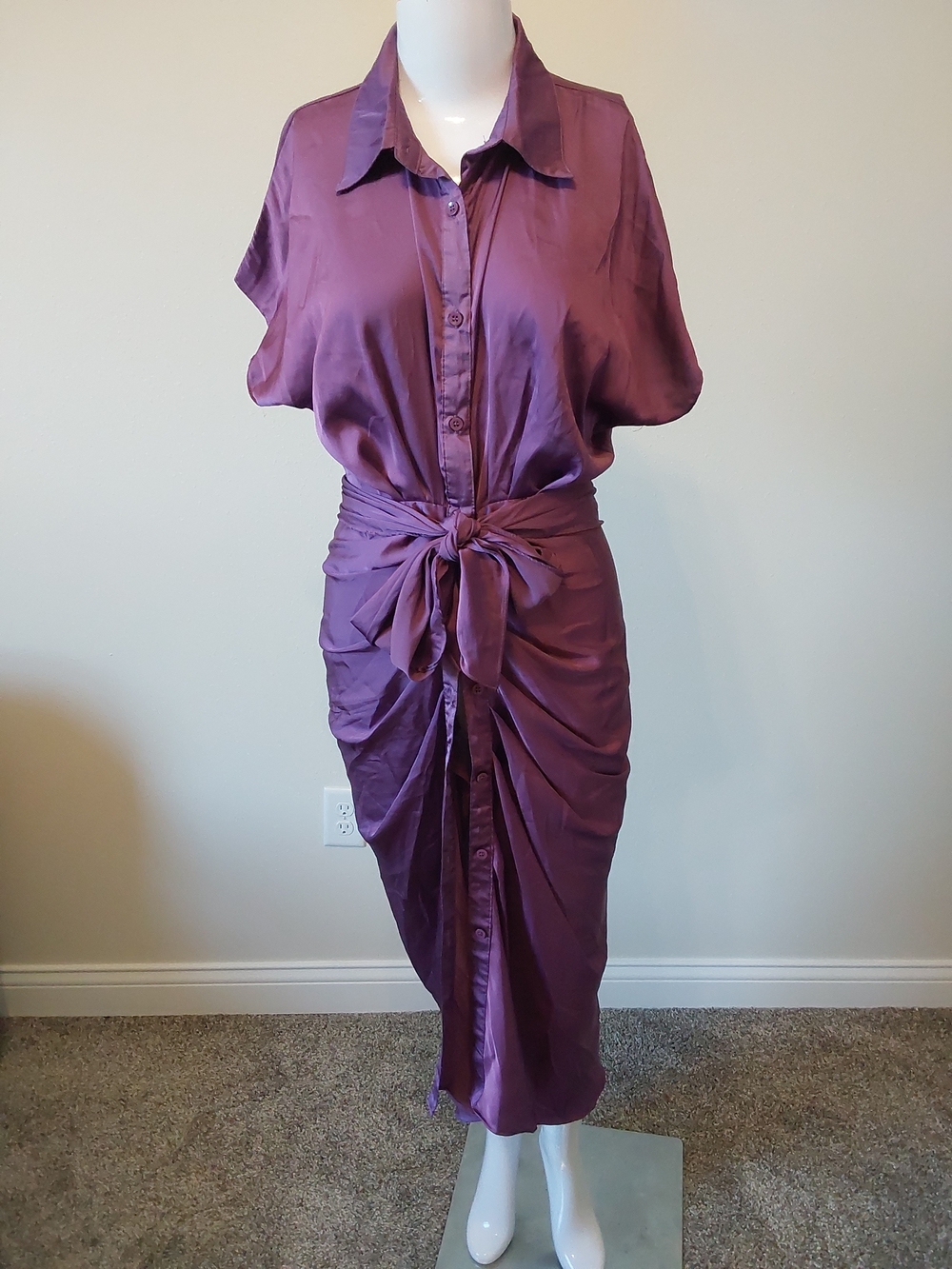 Purple Button-Front Tie-Waist Midi Dress